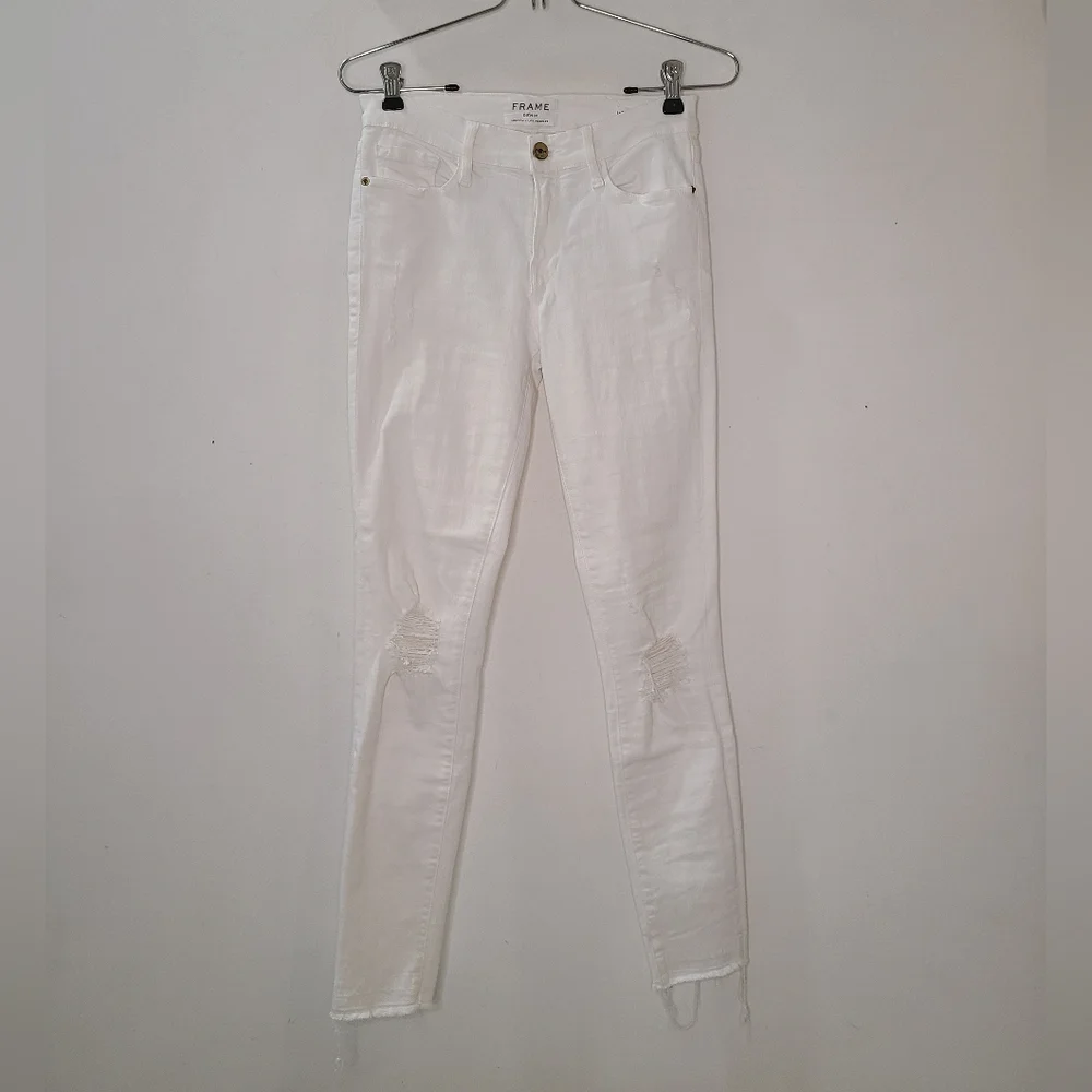 FRAME Le Skinny De Jeanne Crop Distressed Jeans in Blanc White Sz 27 - Picture 4 of 13